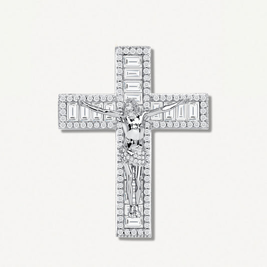 Baguette Jesus Cross White Gold